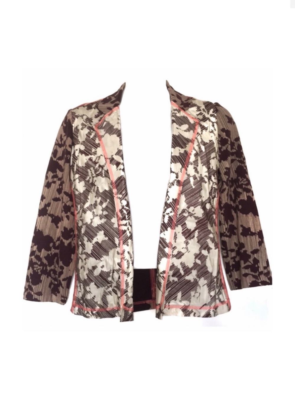 Vintage Designer Parkinson Abstract Floral Print Silk Taffeta Belted Jacket Coat